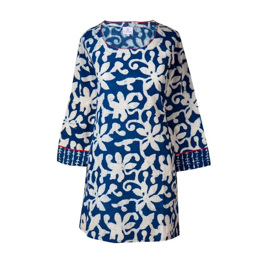 Pax Philomena Sarah Tunic Natural Indigo Dyed Block Printed $225 4X